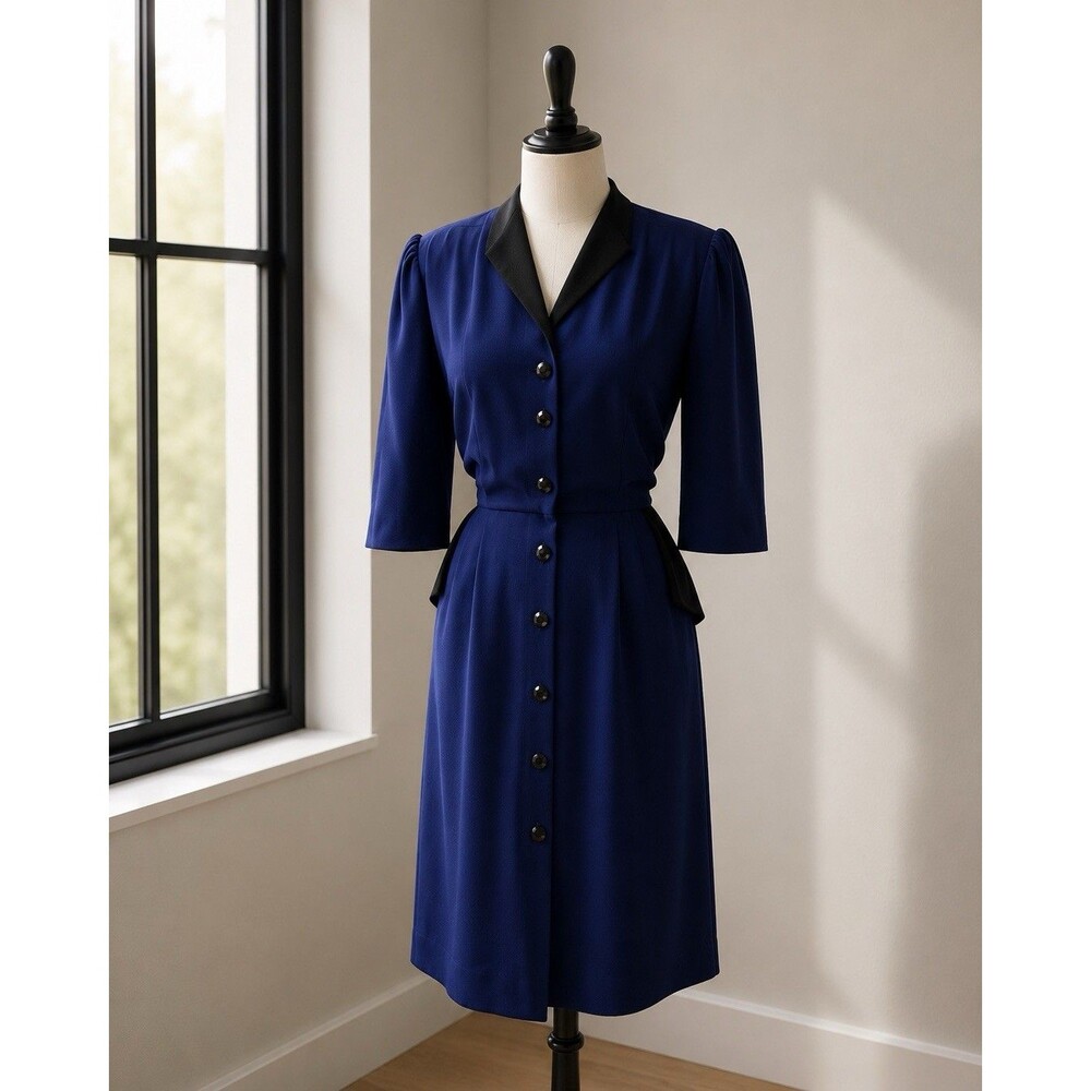 Vintage Dress Vogue Internacional Alonso’s Creation Blue Button Up Black Trim S